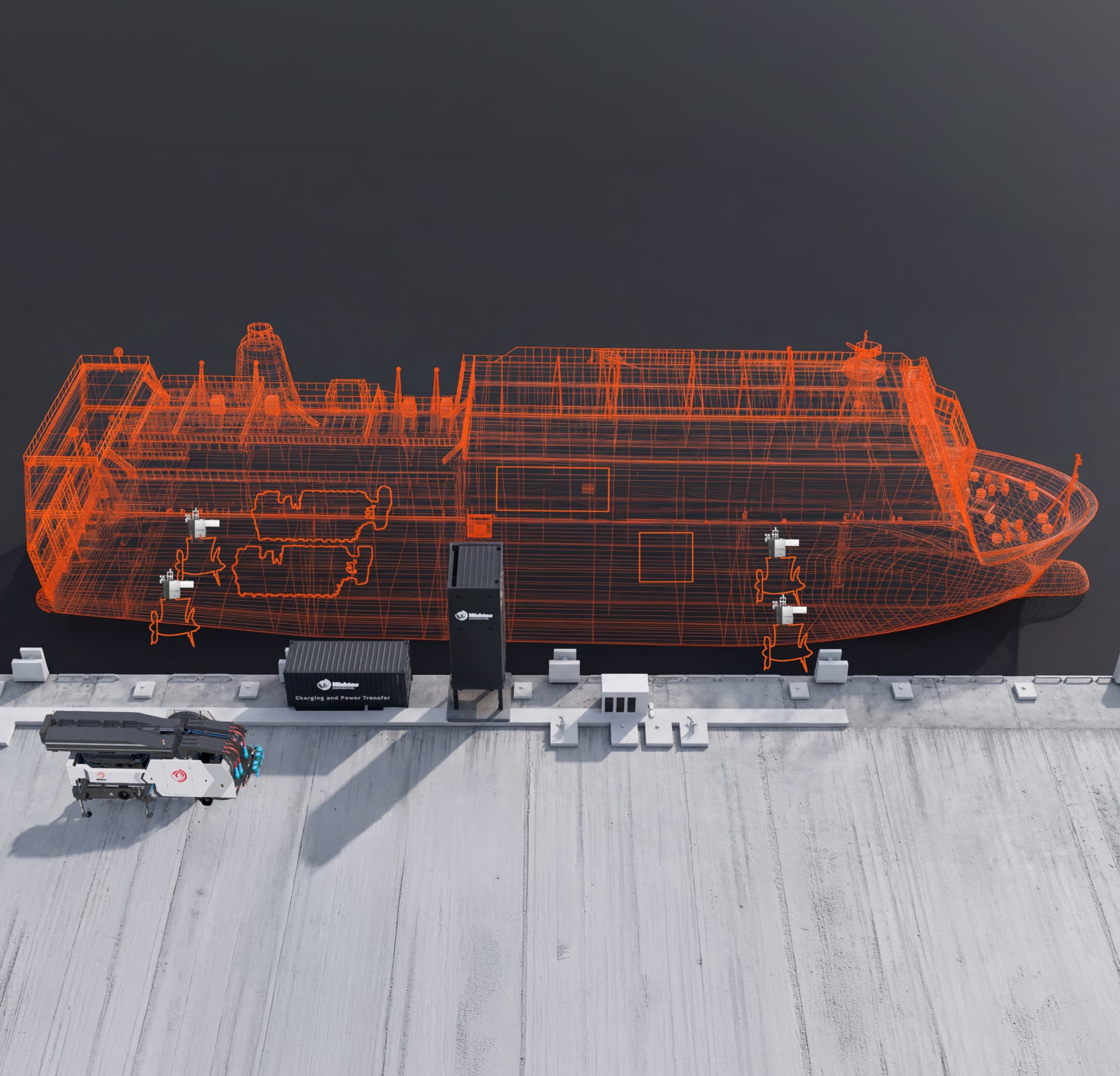 Orange wireframe rendering of a cargo vessel at a concrete quay
